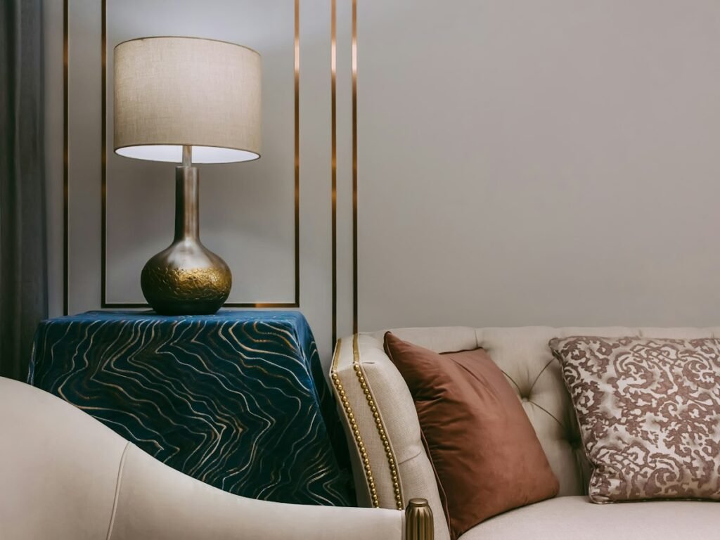 Table lamp with warm glowing smart bulb